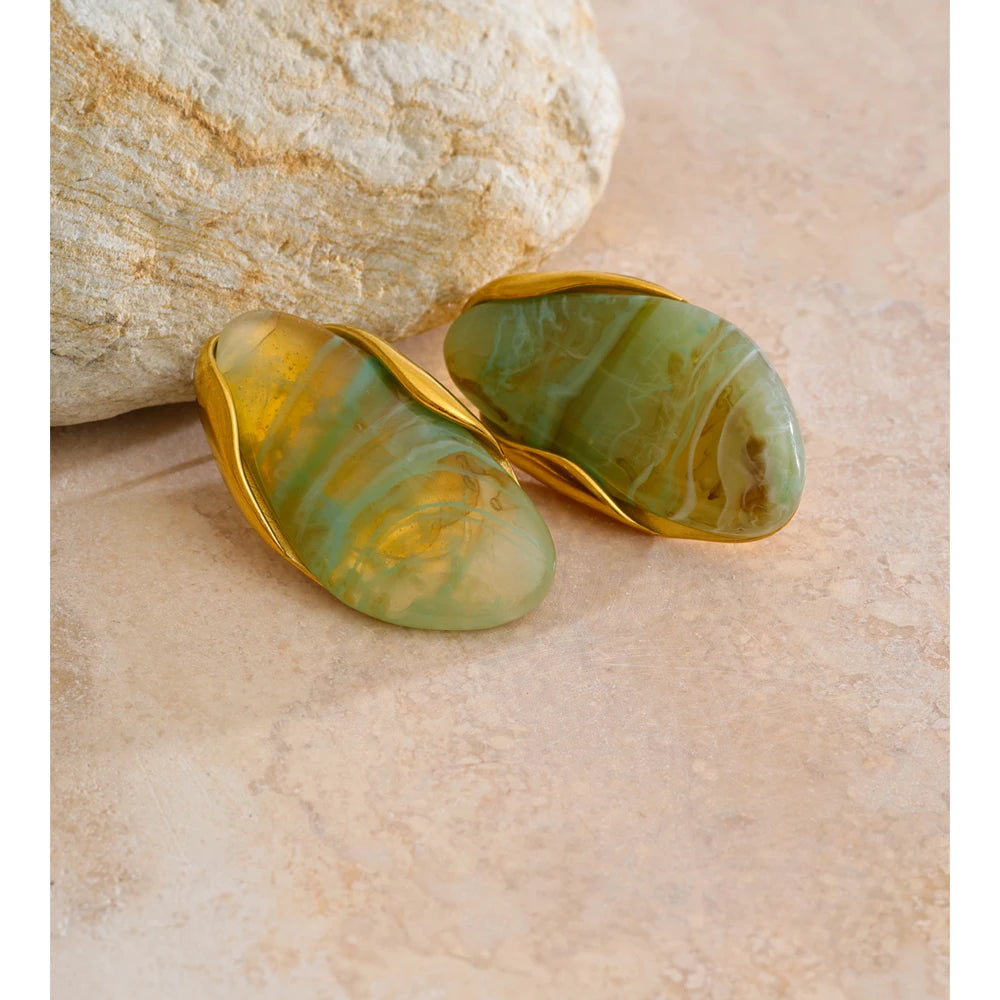New Resin Geometric Stud Earrings for Women 18K Golden Plated Stainless Steel Fashion Daily Jewelry Brown Green Beige