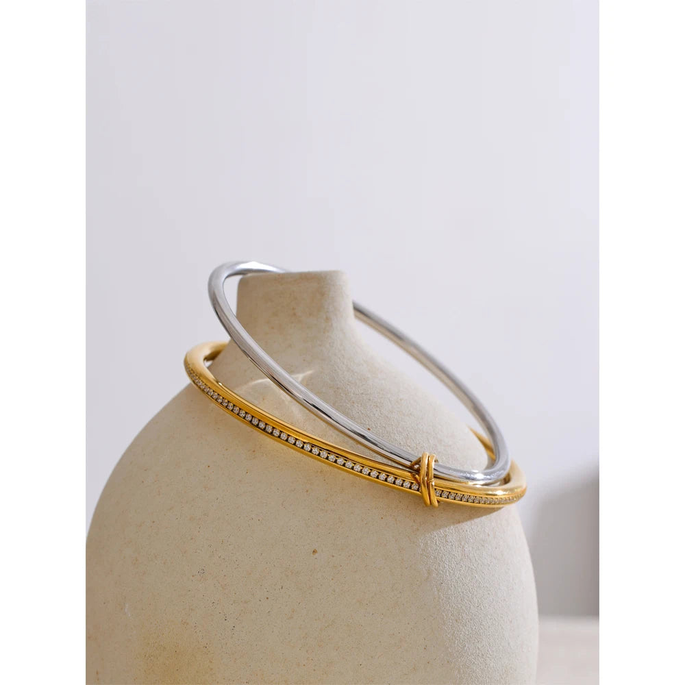 62Mm Popular Stainless Steel Double Layer round Stacking Bracelet Bangle Stainless Steel Zirconia Minimalist Jewelry