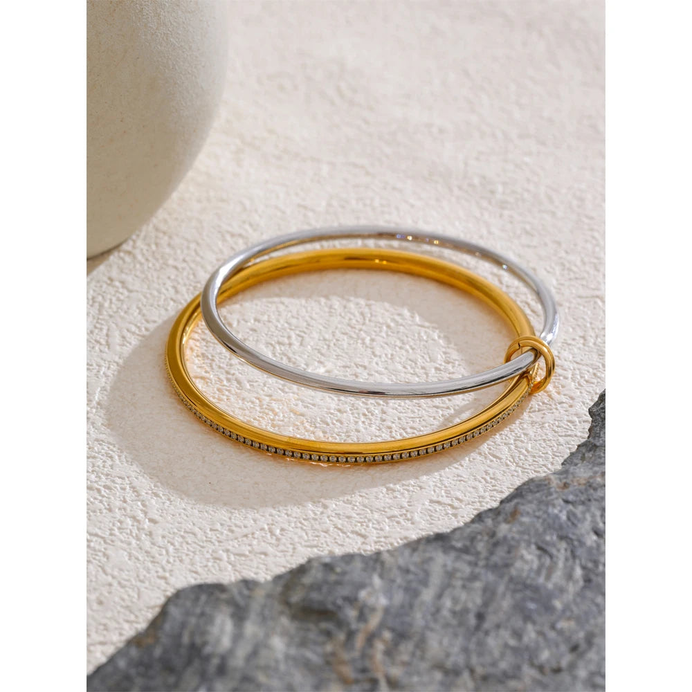 62Mm Popular Stainless Steel Double Layer round Stacking Bracelet Bangle Stainless Steel Zirconia Minimalist Jewelry