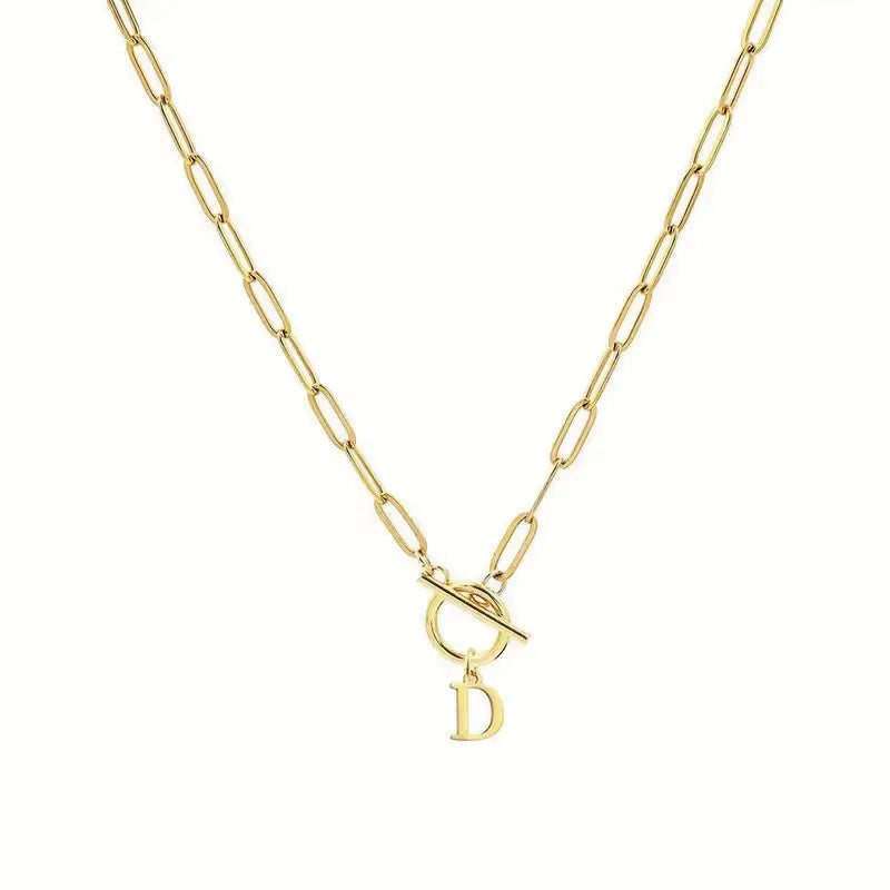 English Letter Initial Necklace 18K Gold Plated Stainless Steel OT Clasp Paper Clip Chain Necklace for Women