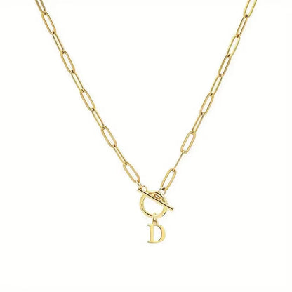 English Letter Initial Necklace 18K Gold Plated Stainless Steel OT Clasp Paper Clip Chain Necklace for Women