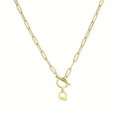 English Letter Initial Necklace 18K Gold Plated Stainless Steel OT Clasp Paper Clip Chain Necklace for Women