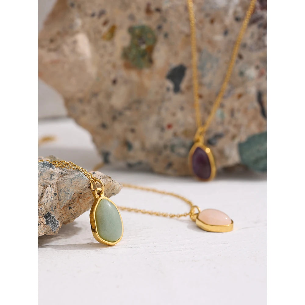 Stainless Steel Crystal Green Purple Natural Stone Pendant Simple Necklace Fashion Women Waterdrop Charm Collar Jewelry