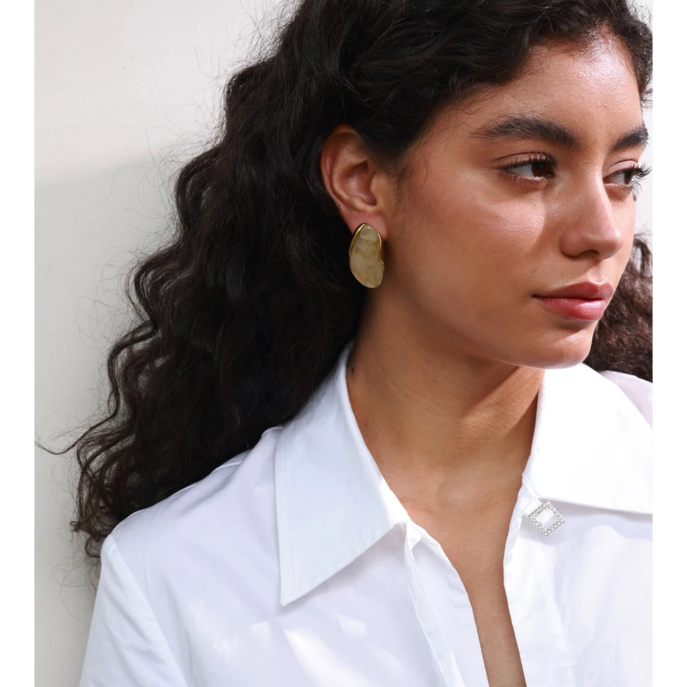 New Resin Geometric Stud Earrings for Women 18K Golden Plated Stainless Steel Fashion Daily Jewelry Brown Green Beige