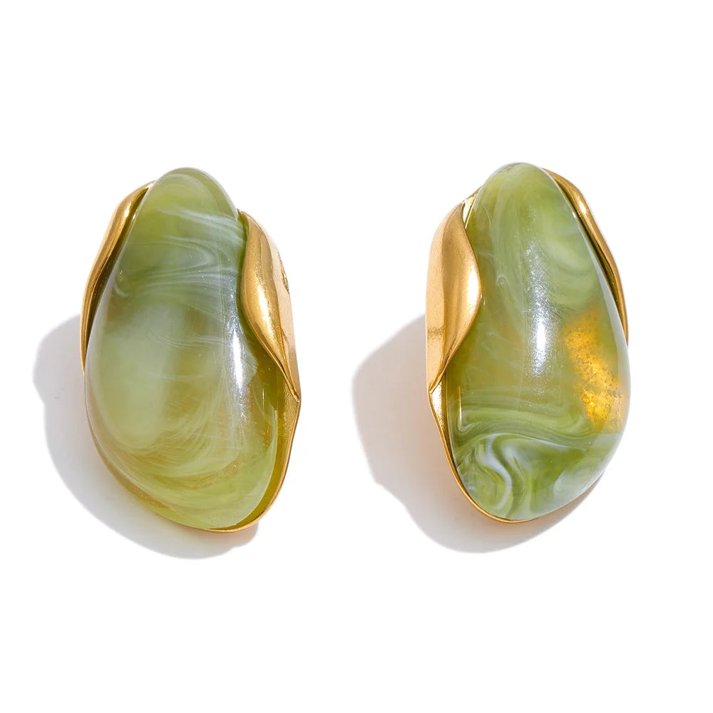 New Resin Geometric Stud Earrings for Women 18K Golden Plated Stainless Steel Fashion Daily Jewelry Brown Green Beige
