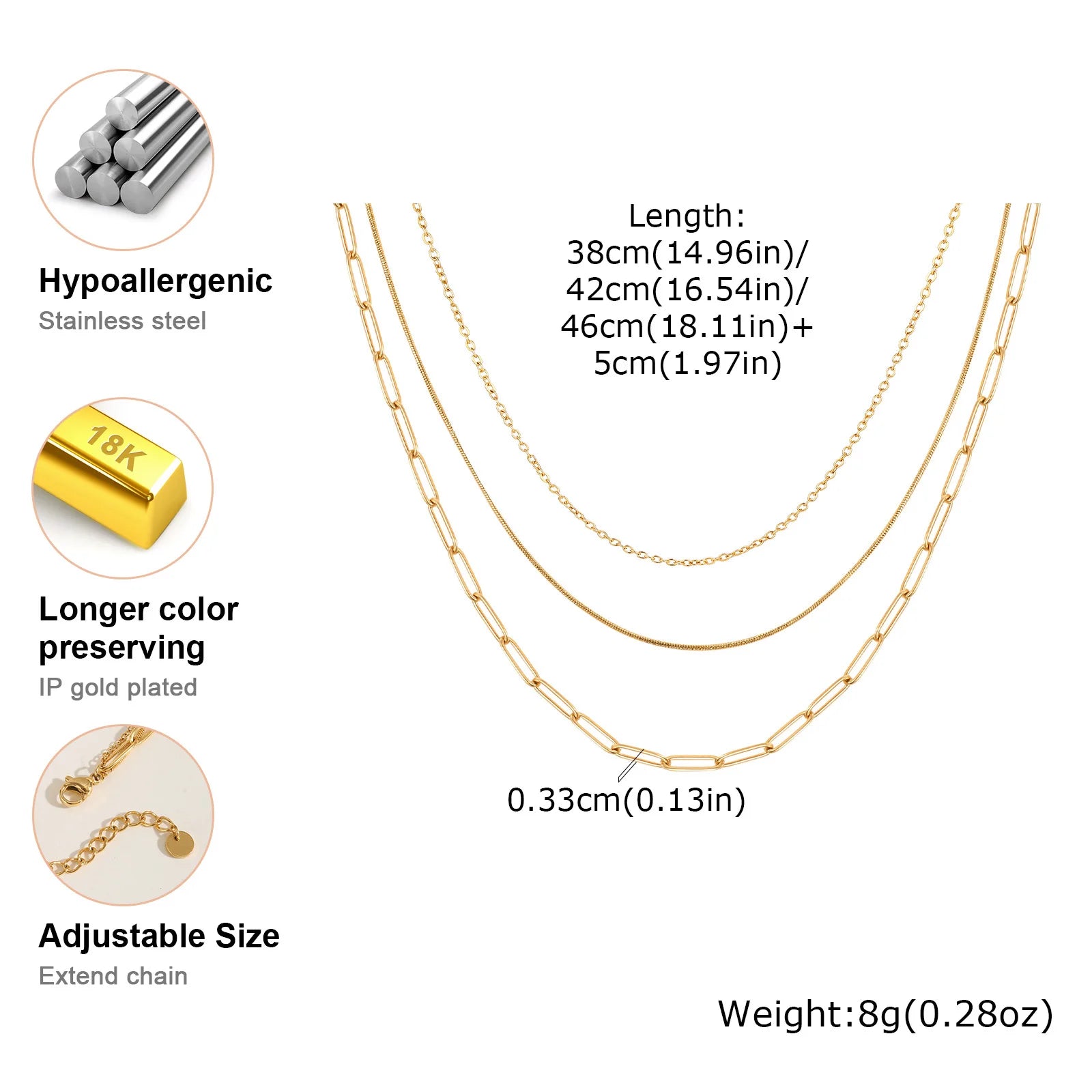 Stainless Steel Triple Layer Necklaces, Gold Plated Women Stackable Necklace Set Jewelry