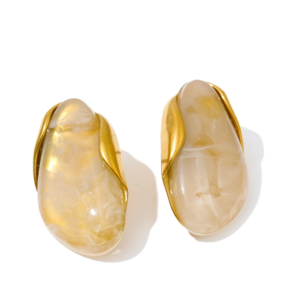 New Resin Geometric Stud Earrings for Women 18K Golden Plated Stainless Steel Fashion Daily Jewelry Brown Green Beige