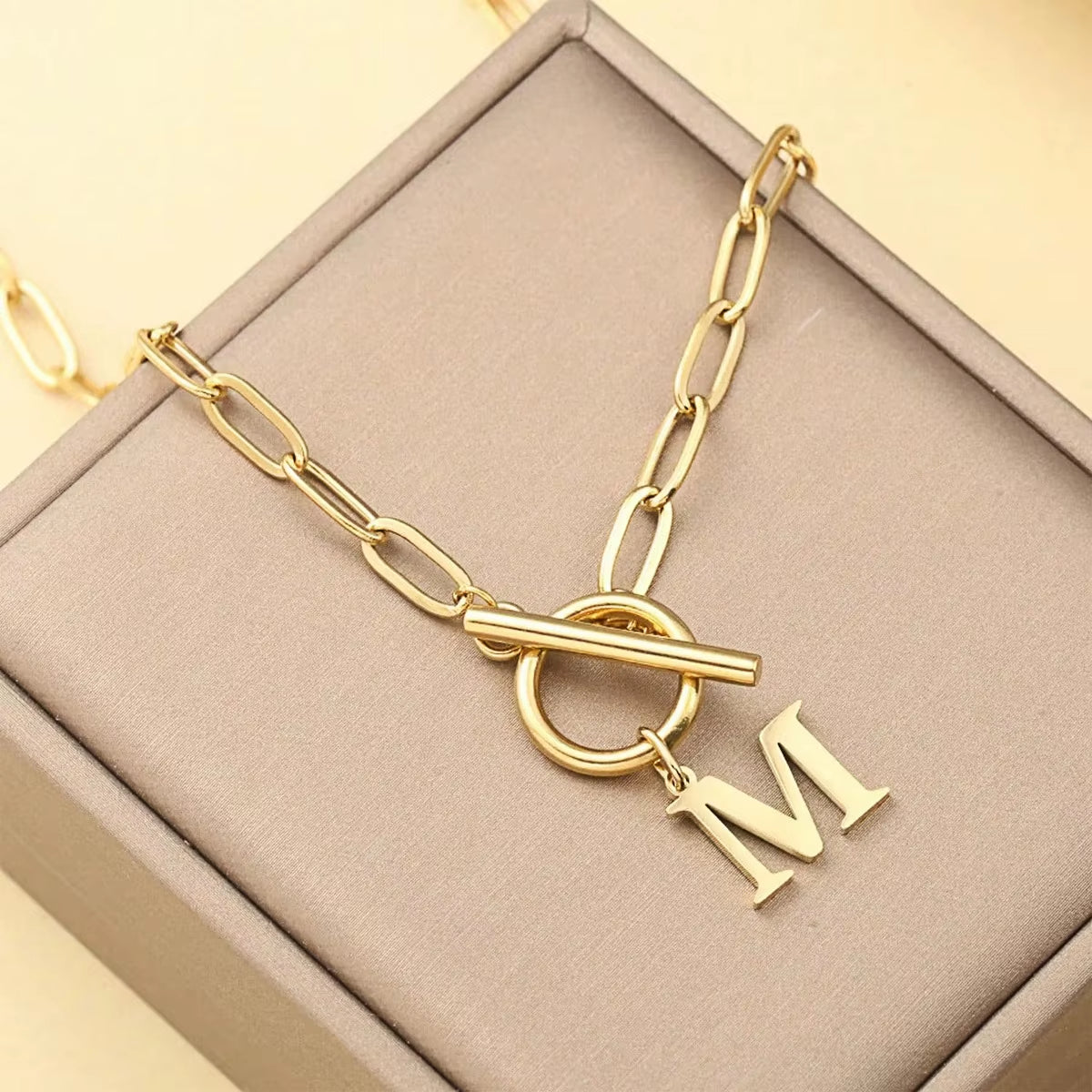 English Letter Initial Necklace 18K Gold Plated Stainless Steel OT Clasp Paper Clip Chain Necklace for Women