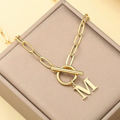 English Letter Initial Necklace 18K Gold Plated Stainless Steel OT Clasp Paper Clip Chain Necklace for Women