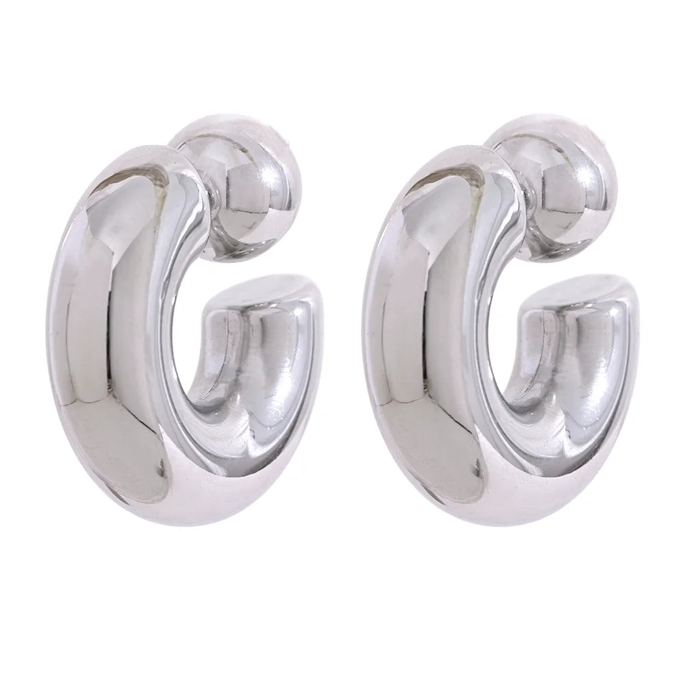 Stainless Steel C Shape round Chunky Unusual Earrings Jewelry Waterproof Metal Texture Attractive Women Accessories Gift