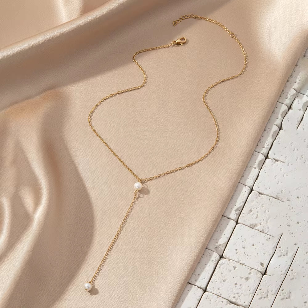 Exquisite Imitation Pearl Pendant Y-Shaped Necklace for Women Stainless Steel Fashionable Light Luxury Collarbone Chain
