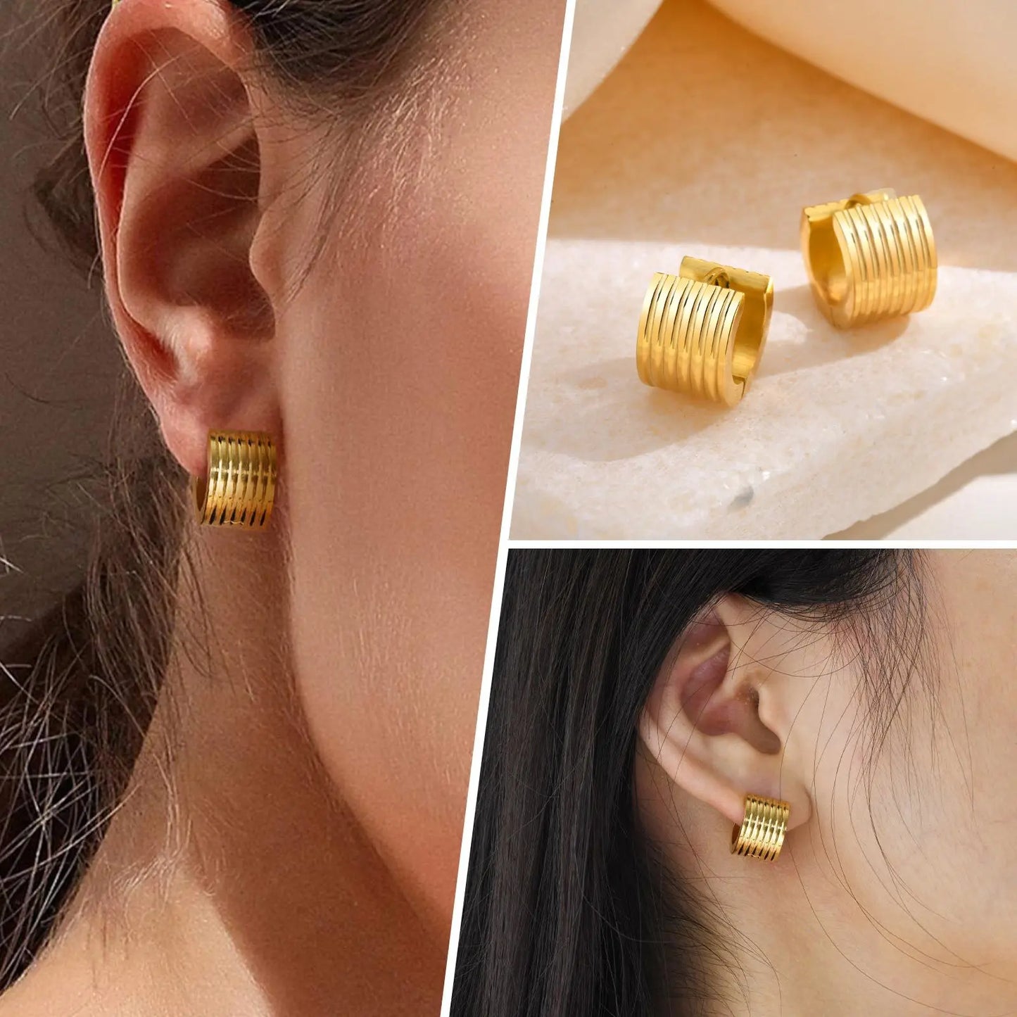 Ribbed Hoop Earrings,Striped Circle Hoop Huggies Earrings for Women,Gold Plated Stainless Steel Chunky Jewelry