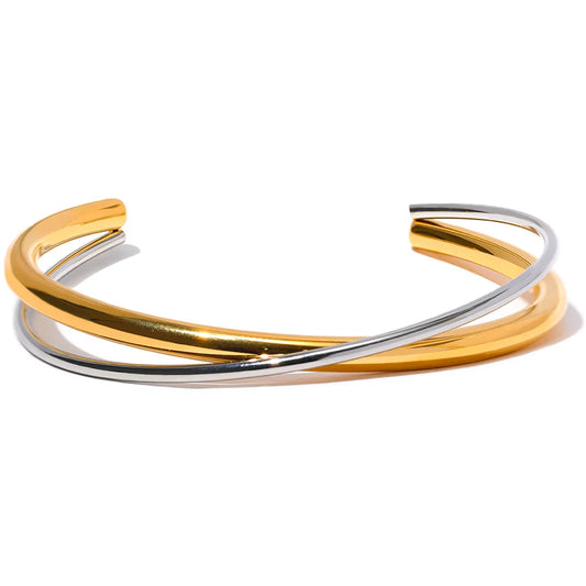 Waterproof 18K Gold Plated Geometric Stainless Steel Double Color Cuff Bracelet Bangle Statement Charm Texture Jewelry New