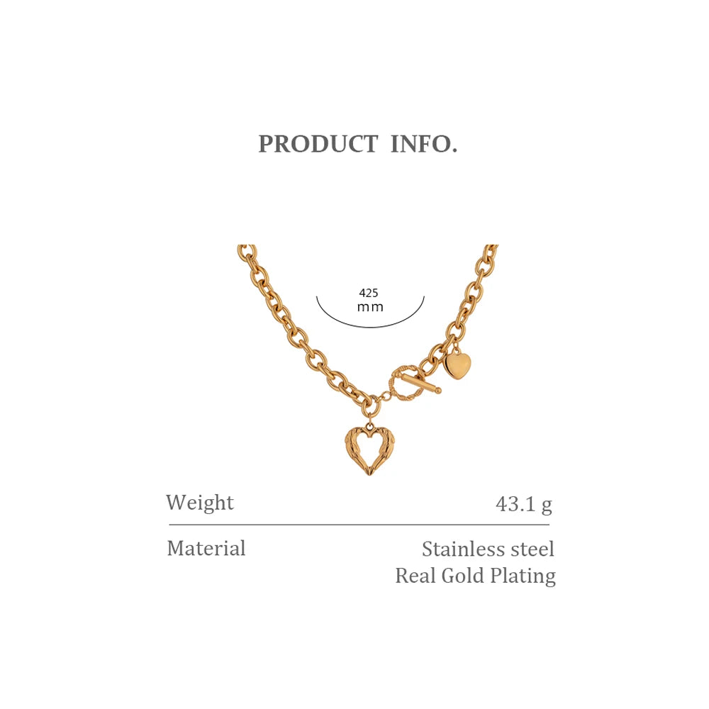 Golden Stainless Steel Heart Collares Statement Metal Texture Geometric Chain Collar Necklace Women Anniversary Gift New