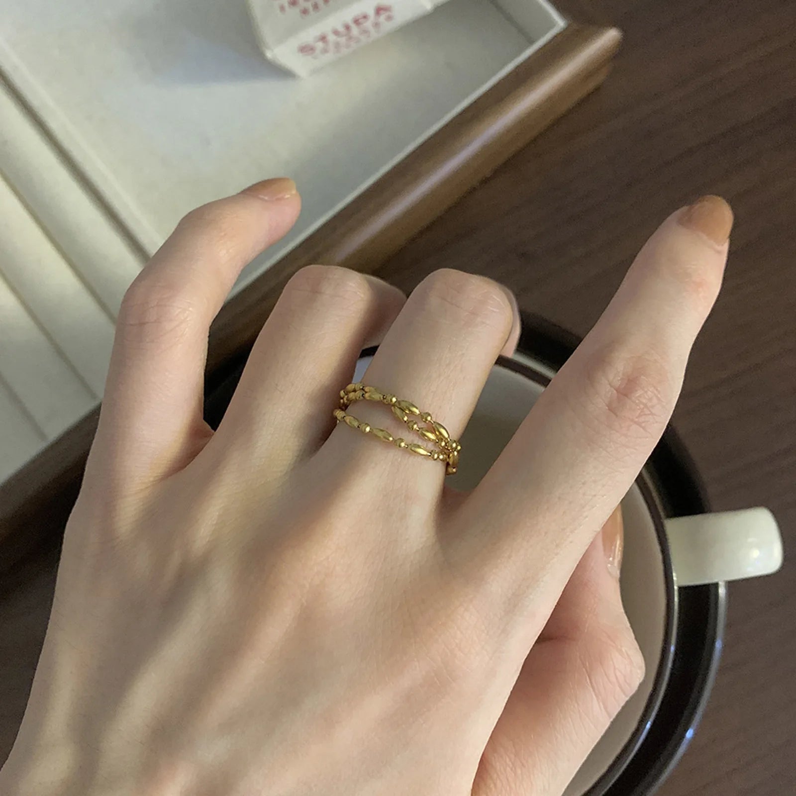 Adjustment Multilayer Chain Ring for Women, Stainless Steel 18K Gold Plated Non-Fading Geometric Jewelry US Size 7 to 12