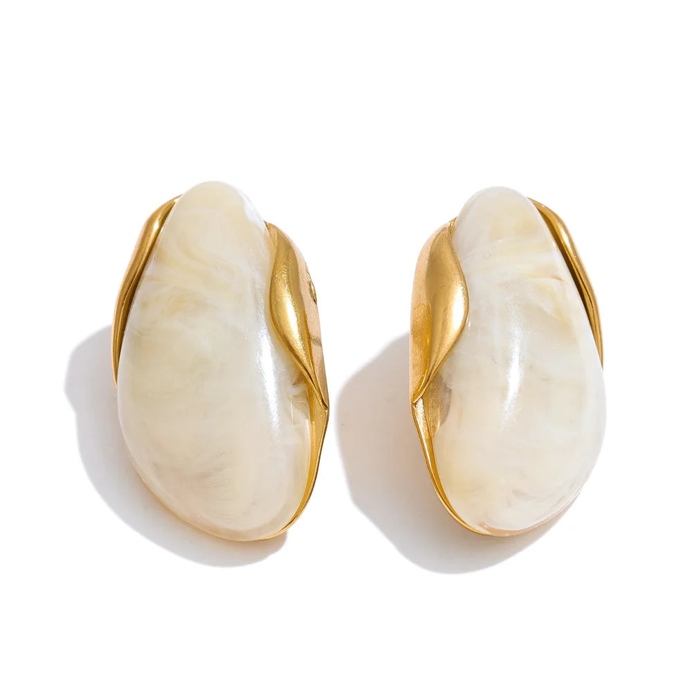 New Resin Geometric Stud Earrings for Women 18K Golden Plated Stainless Steel Fashion Daily Jewelry Brown Green Beige