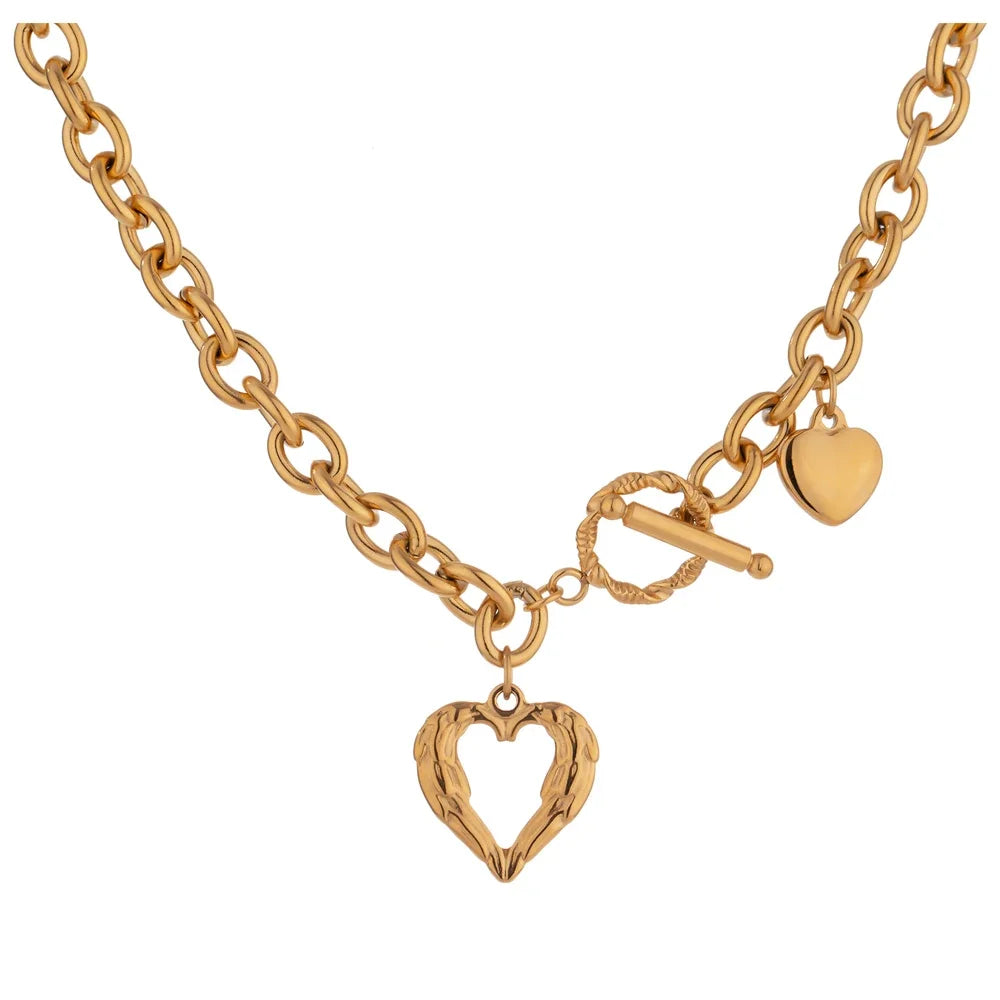 Golden Stainless Steel Heart Collares Statement Metal Texture Geometric Chain Collar Necklace Women Anniversary Gift New