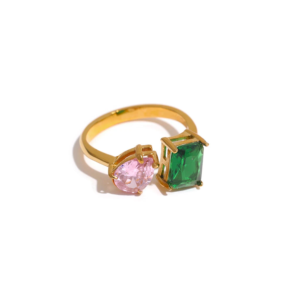 Waterproof Fashion Stainless Steel Pink Green Cubic Zirconia Adjustable Open Ring Gold Color Unique Bling Charm Jewelry