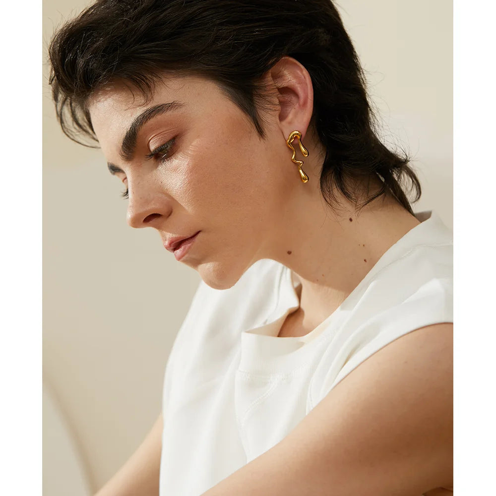 18K Gold Pvd Plated Asymmetry Unusual Big Stud Earrings Stainless Steel Personality Fashion Waterproof Jewelry Women Gift