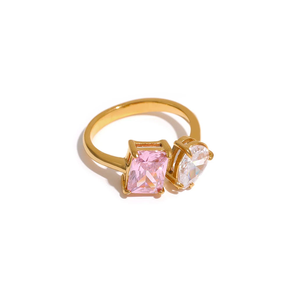 Waterproof Fashion Stainless Steel Pink Green Cubic Zirconia Adjustable Open Ring Gold Color Unique Bling Charm Jewelry
