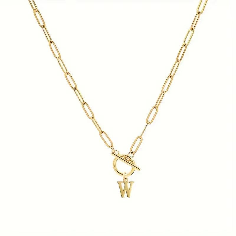 English Letter Initial Necklace 18K Gold Plated Stainless Steel OT Clasp Paper Clip Chain Necklace for Women