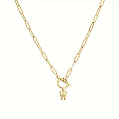 English Letter Initial Necklace 18K Gold Plated Stainless Steel OT Clasp Paper Clip Chain Necklace for Women