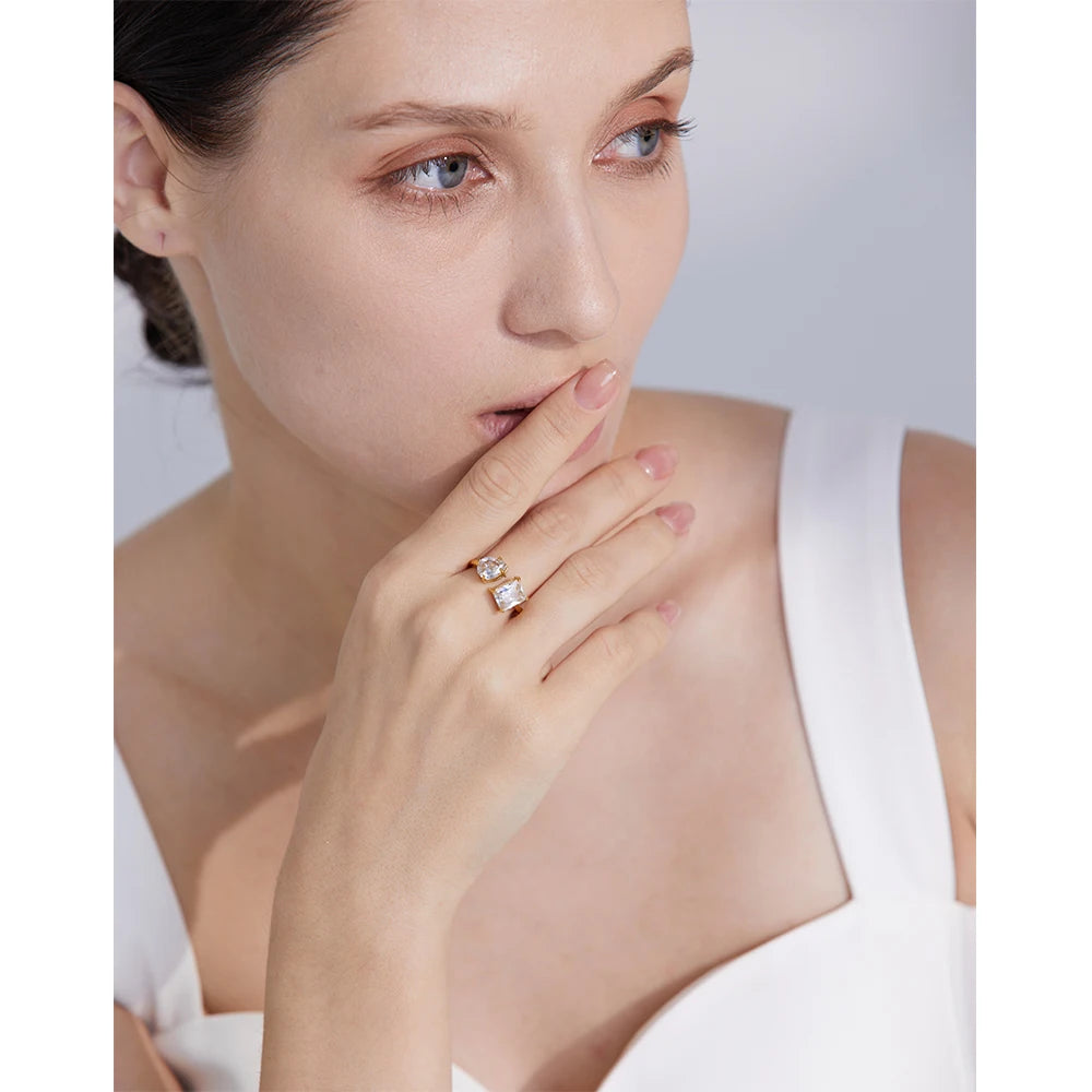 Waterproof Fashion Stainless Steel Pink Green Cubic Zirconia Adjustable Open Ring Gold Color Unique Bling Charm Jewelry