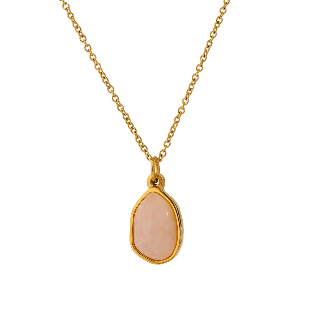 Stainless Steel Crystal Green Purple Natural Stone Pendant Simple Necklace Fashion Women Waterdrop Charm Collar Jewelry