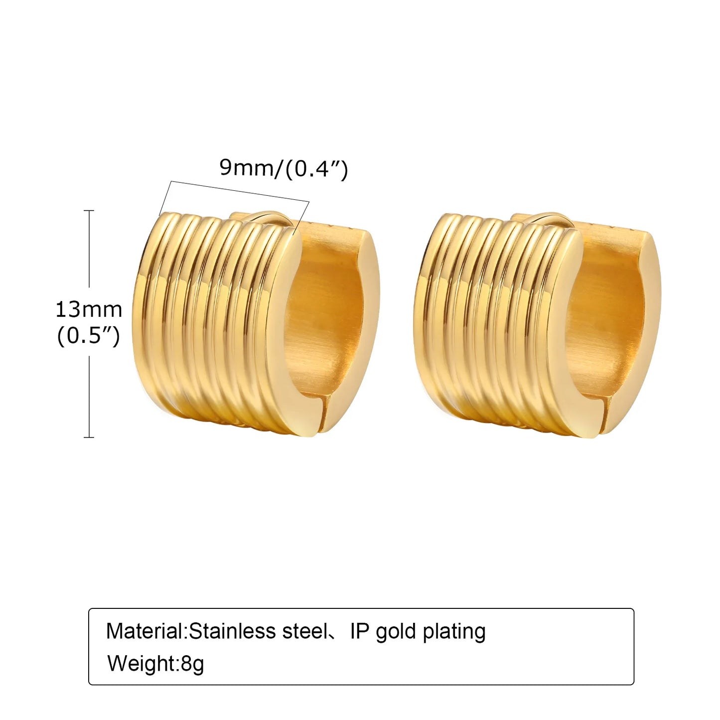 Ribbed Hoop Earrings,Striped Circle Hoop Huggies Earrings for Women,Gold Plated Stainless Steel Chunky Jewelry