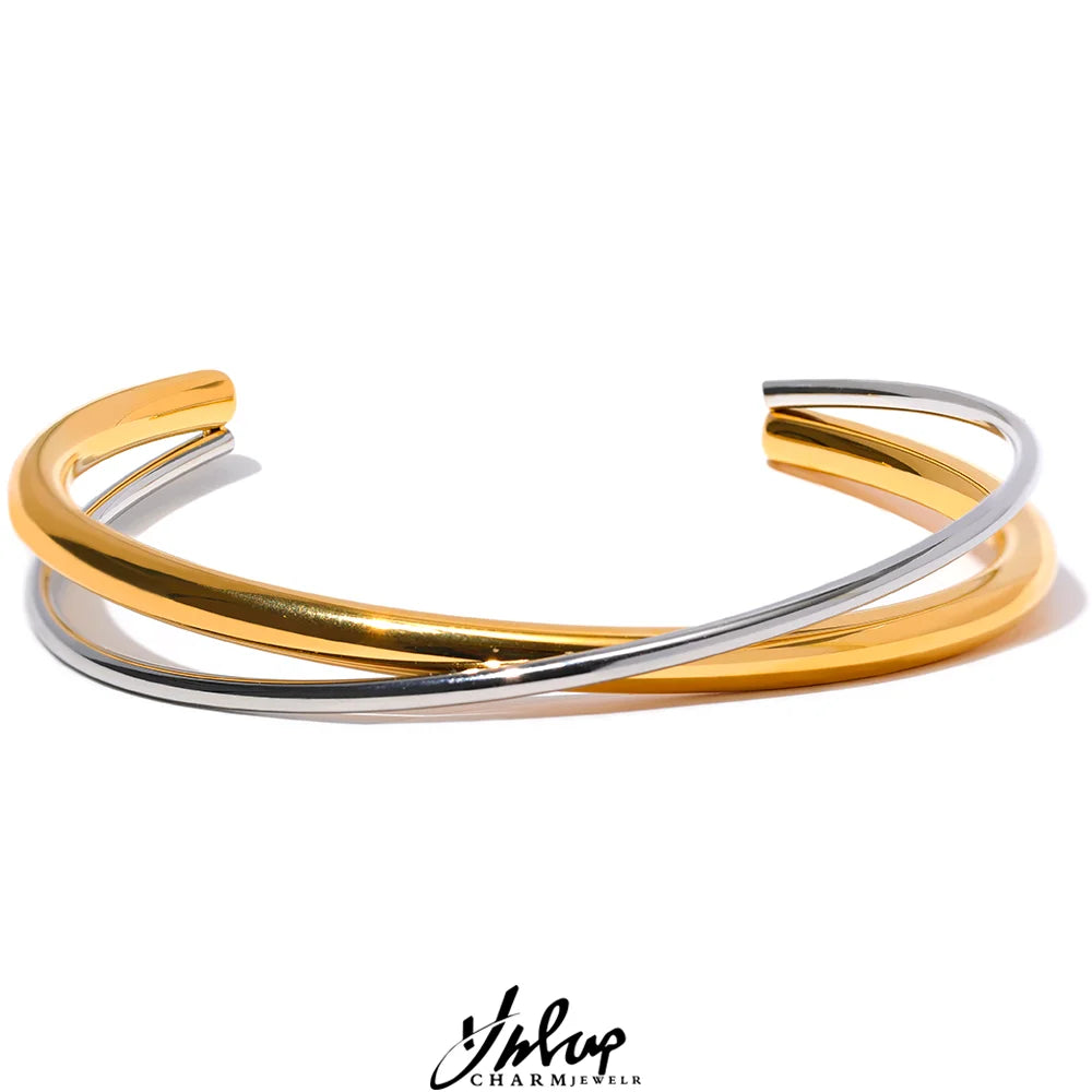 Waterproof 18K Gold Plated Geometric Stainless Steel Double Color Cuff Bracelet Bangle Statement Charm Texture Jewelry New